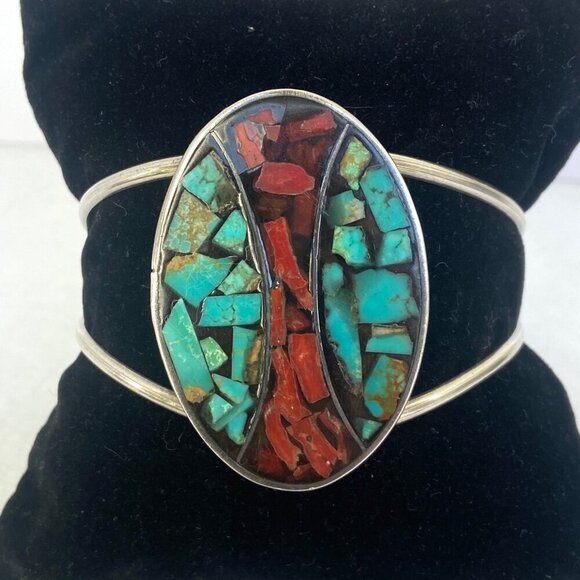 VTG Sterling Silver 925 Southwest Oval Crushed Turquoise Coral Cuff Bracelet - Picture 11 of 16